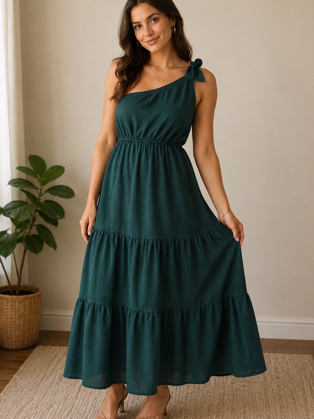 PrettyGarden Tie-Shoulder One-Shoulder Maxi Dress in Deep Teal